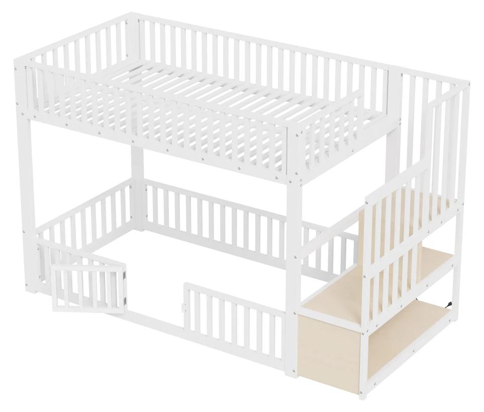 Etagenbett - Kinderbett - 140 x 200 cm - Ohne Stauraum - Integrierte LED-Beleuchtung - Sicherheitstreppe - MDF und Metall - Weiß