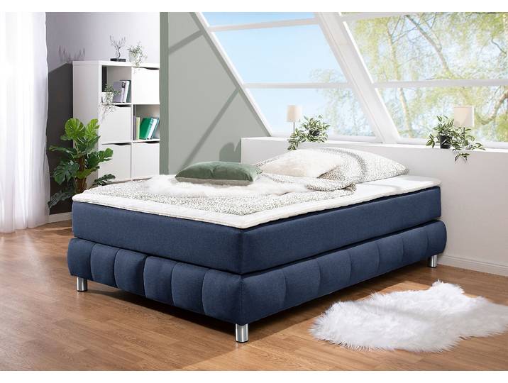 Boxspringbett, Strukturstoff, Blau, 146×206 cm, Ohne Kopfteil, Modern, andas