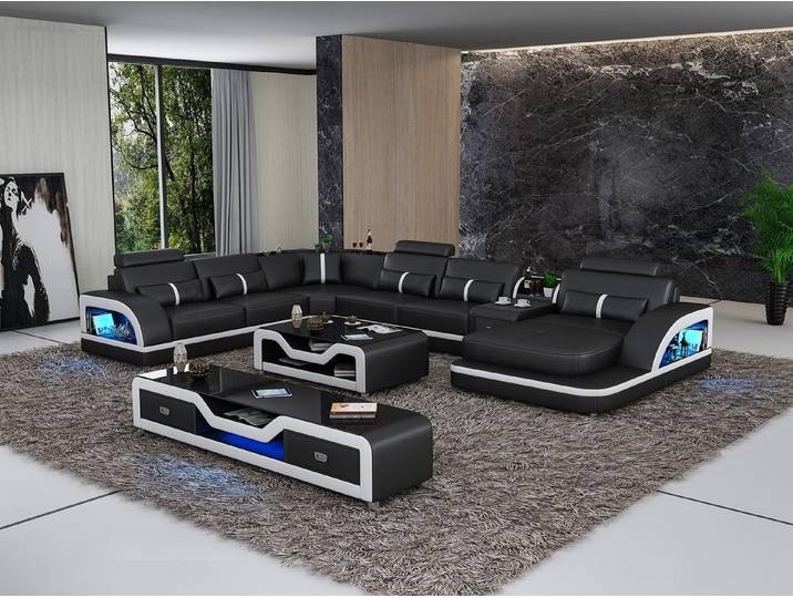 JVmoebel Wohnlandschaft Schwarzes Ledersofa mit Ottomanen und komfortabler Polsterung, Made in Europa