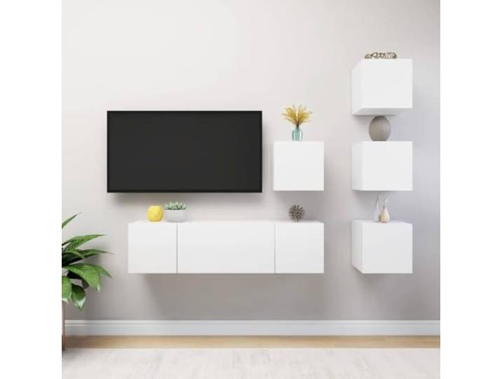 Molumvel 6-TLG. TV-Schrank-Set, Hängendes Regal, Holzwerkstoff, Weiß Wohnzimmer, Moderner Stauraum, Wandmontage, Pflegeleicht