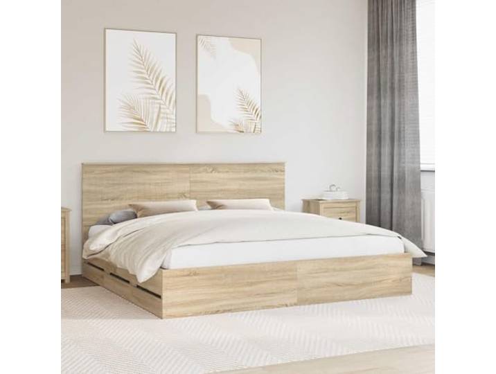 RJPLMFV Bettgestell, 200 x 200 cm, Holz, Eiche Sonoma Freistehend, inklusive Latten, versteckte Aufbewahrung, modernes Design, einfache Reinigung