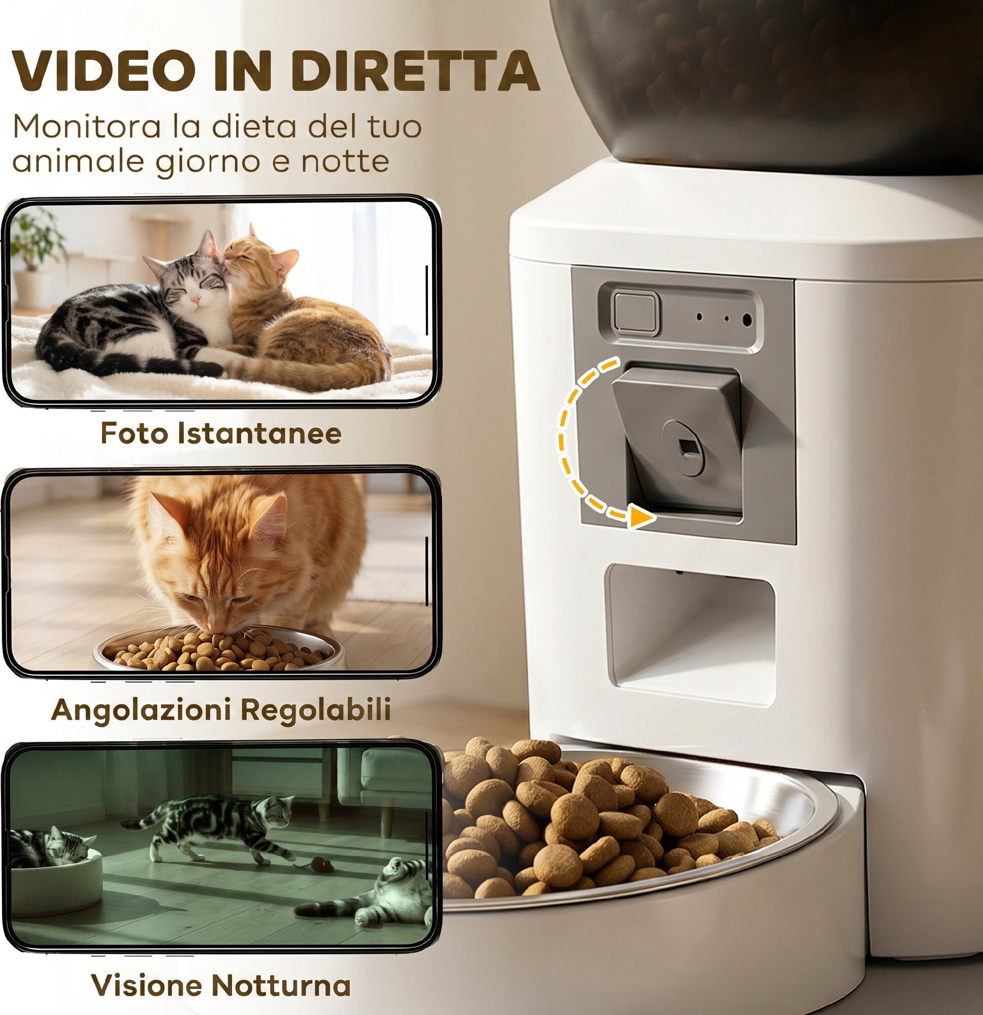 Altro Distributore Automatico Cibo Gatti E Cani 4l Wifi 2.4g, App Controllo Con Telecamera, Ciotola, Bianco