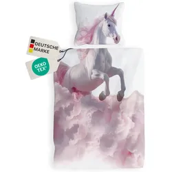 NYVI Renforce Kinderbettwäsche Deluxe aus 100% Baumwolle magischer Druck - Kindergesicht ergänzt Muster, Reißverschluss Größe:135x200 cm;Farbe:Einhorn