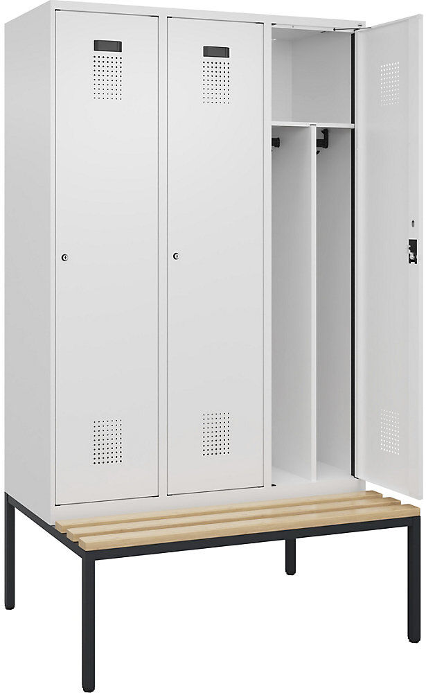 kaiserkraft Schwarz-Weiß-Spind Evolo PLUS Sitzbank, schmal, 3 Abteile, verkürzte Trennwand mittig, weiß, B 1200 mm, Zylinderschloss, mit untergebauter Sitzbank,