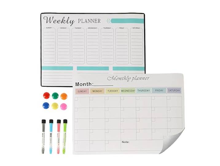 Relaxdays Tableau blanc magnétique pour réfrigérateur\, agenda hebdomadaire et mensuel\, effaçable\, 4 stylos\, 6 aimants