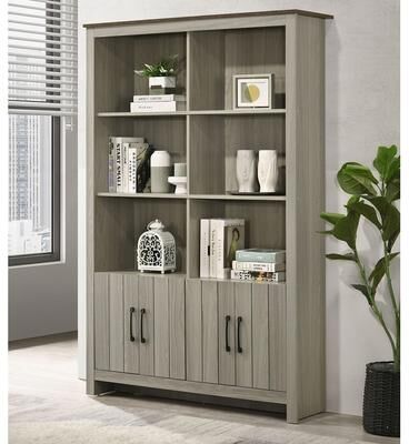 Lilola Home "Nyla 47""W Gray Oak Bookcase Shelf with Cabinet Doors."
