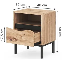 Vicco, Nachttisch, Nachttisch Elvano, Eiche/Schwarz, 40 x 50 cm 2-er Set