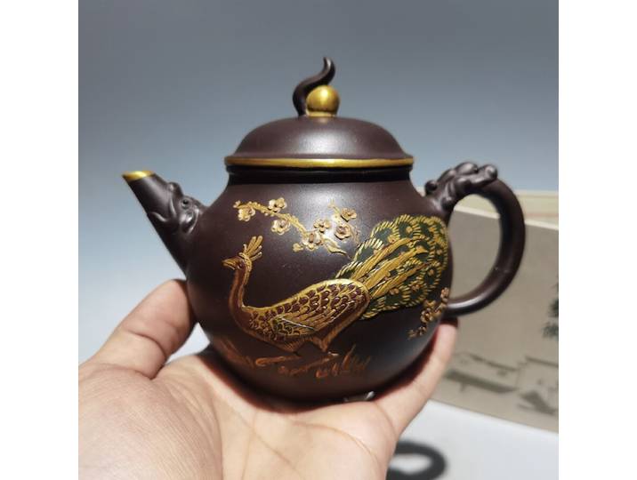 Théière chinoise en argile Yixing Zisha, Pots dorés faits à la main, théière en sable violet 360cc
