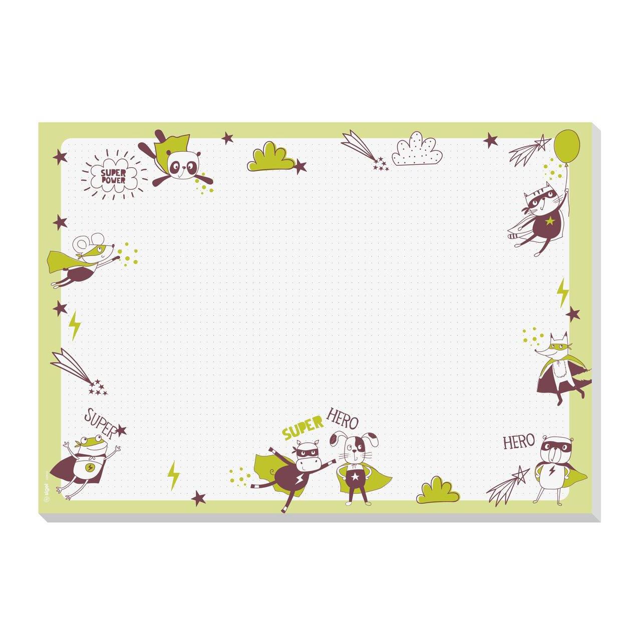 SIGEL Schreibtischunterlage Little Heroes hellgrün Papier 42,0 x 29,7 cm, 30,0 Blatt