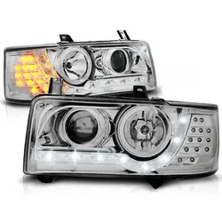 LED Tagfahrlicht Design Scheinwerfer passend für VW T4 90-03  chrom mit LED Blinker