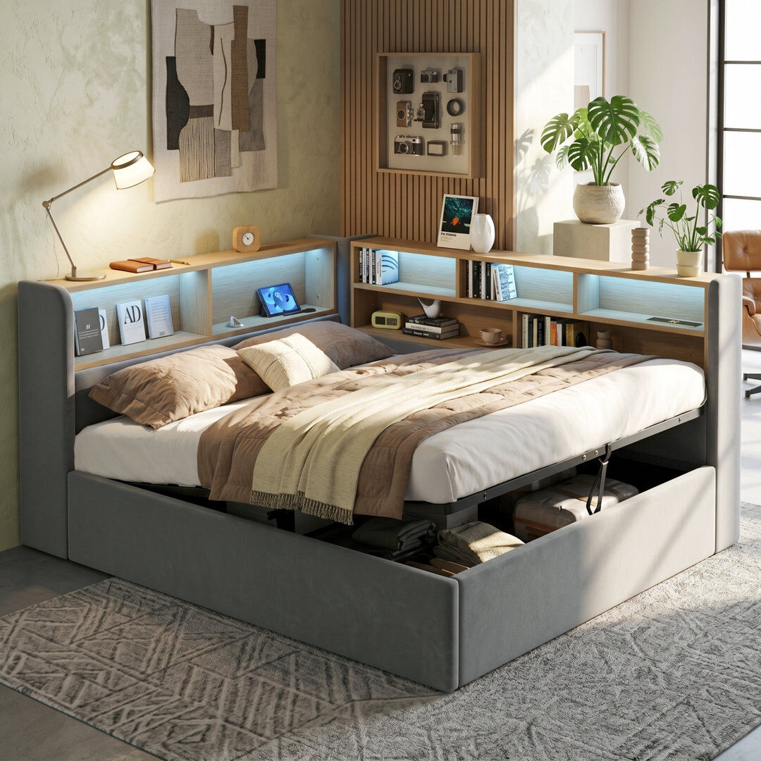 Brayden Studio L-Shaped Velvet Daybed 4FT6 with Hydraulic Storage, LED & USB Grey Double
