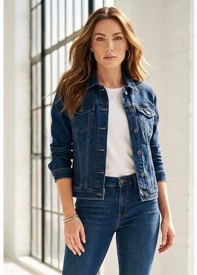 Plus Size Women's Plus Size Classic Stretch Denim Jacket by Roaman's in Dark Wash Sanded (Size 36 W)
