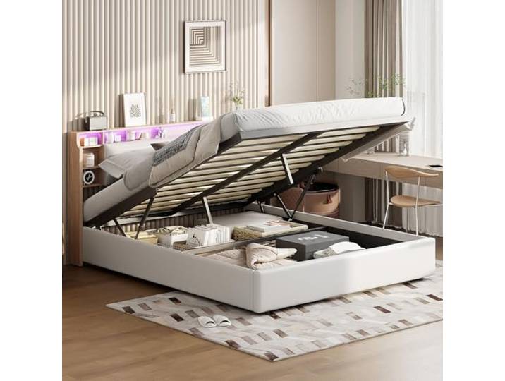 Doppelbett 160x200cm, Polsterbett mit LED Beleuchtung, Hydraulisch Stauraumbett mit Offenen Regalen, Jugendbett Funktionsbett Bettgestell mit Lattenrost, ohne Matratze(Beige+Holzfarbe, 160X200CM)