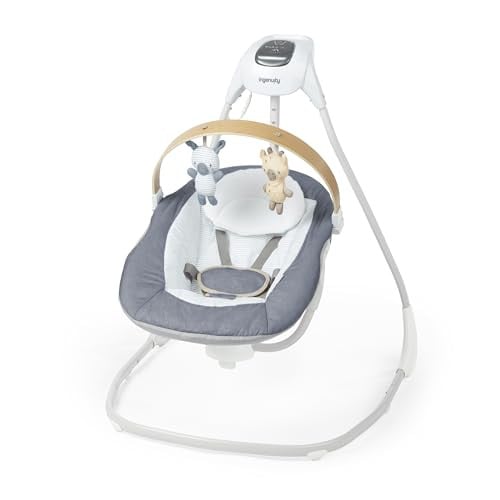 Ingenuity SimpleComfort compacte schommel met draaibare speelgoedstang en zitting, 6 snelheden, Chambray, voor baby's tot 9 kg