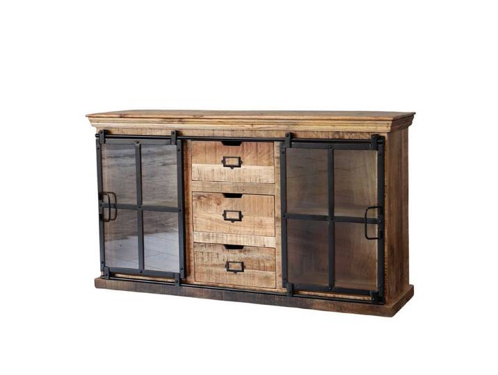 baario Sideboard Sideboard FINE 150cm breit, Massivholz & Eisen rustikal Glastüren Design