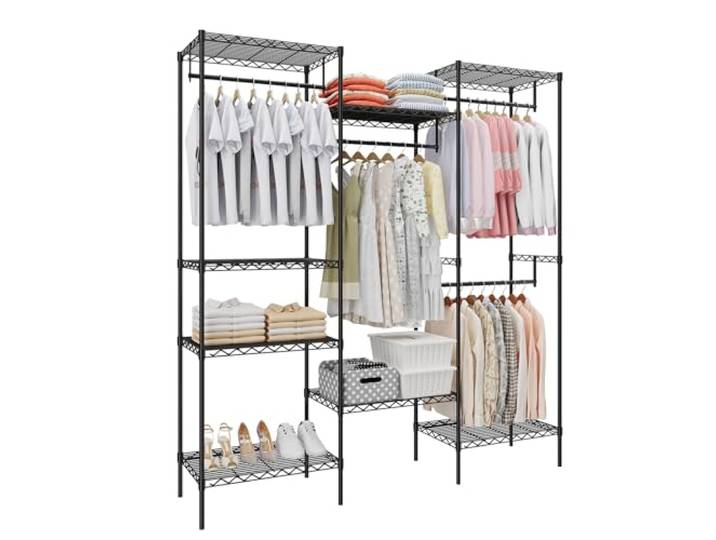RBFGYIOP Tragbarer Kleiderschrank, Metall, schwarz, mit 4 Kleiderstangen und 6 Einlegeböden, stabile Konstruktion, maximale Traglast 890 kg, Schlafzimmer-Organizer, Schwarz