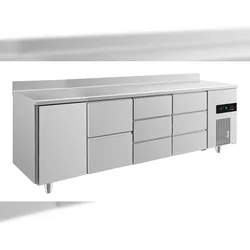 Kühltisch 2 Schubladen mittig je 3 Schubladen mittig&rechts 1 Tür links, Aufkantung, 2330x700x850mm -2/+8°C