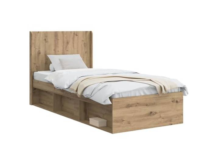 PUGYNBK Bettgestell mit Stauraum und Kopfteil Eiche Artisan Lattenrost für Matratze, robustes Holz, Seitenfächer, minimalistisches Design, einfache Reinigung