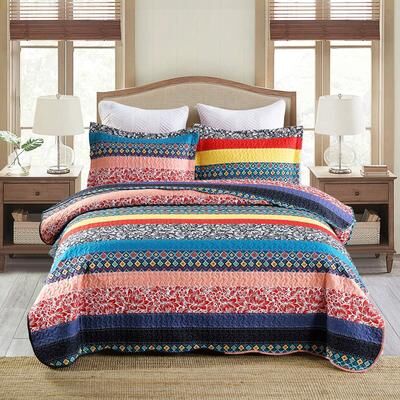 MarCielo Polyester 3 Pcs Bohemian Striped Quilt Bedspread Set