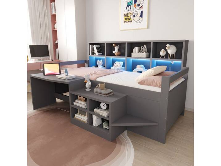 Lit superposé 90x200 cm lit enfant bureau LED bois gris bois + bois composite