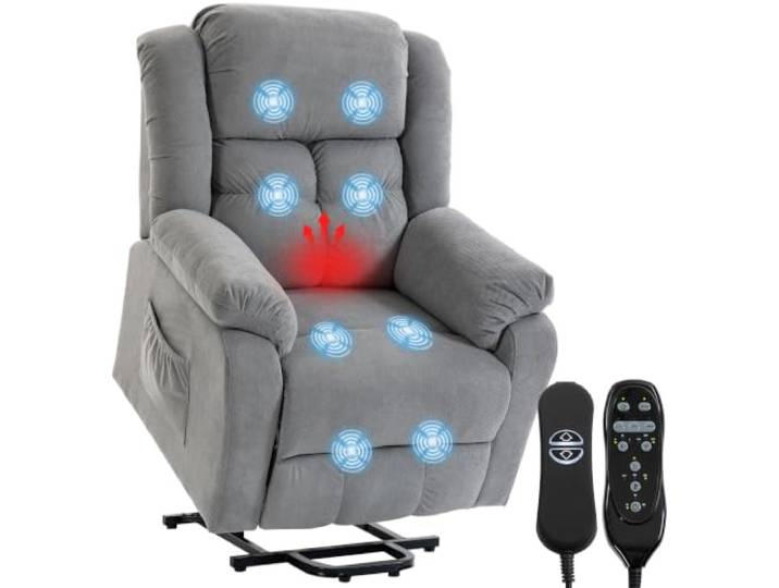 HOMCOM Fernsehsessel mit Aufstehhilfe Elektrischer Relaxsessel Hellgrau Liegefunktion, Wärmefunktion, Massagefunktion, Massagesessel, Fernbedienung, USB-Anschluss, Seitentasche, TV-Sessel