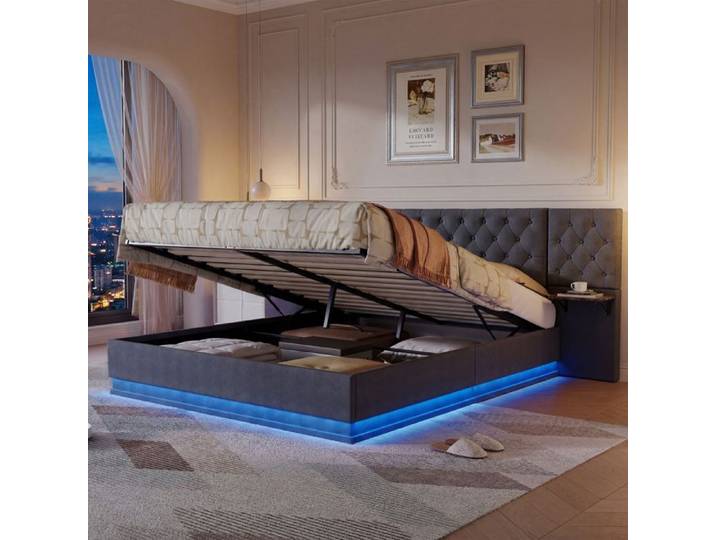 Lit 140x200 cm gris avec deux têtes vintage bois RGB LED télécommande app boutons modes musique et micro.