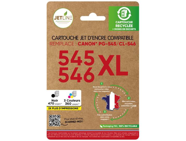 Pack de cartouches d'encre compatibles noire + 3 couleurs 545/546 XL JETLINE