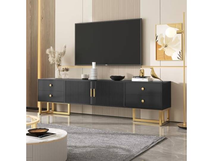 TV-Schrank mit 4 Schubladen, TV-Möbel mit Goldenen Griffen und Goldenen Füßen, Fernsehtisch für Fernseher bis zu 75 Zoll, TV Tisch mit Strukturierter Tür, für Wohnzimmer, Schwarz, 175x30x46cm