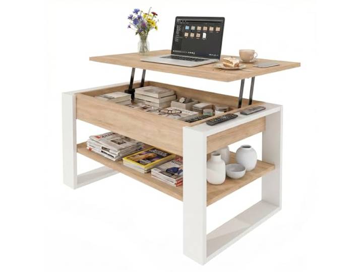 CraftPack Wohnzimmertisch 92 cm mit Liftfunktion und Stauraum Moderner Couchtisch Eiche Sonoma/Weiß