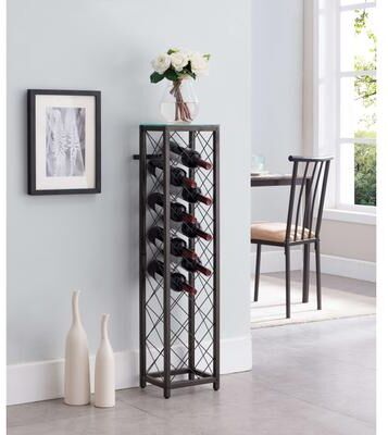 InRoom Designs Tall Freestanding Wine Rack Tower, 13 Bottle Metal Wine Storage Holder with Glass Top for Dining Room or Home Bar