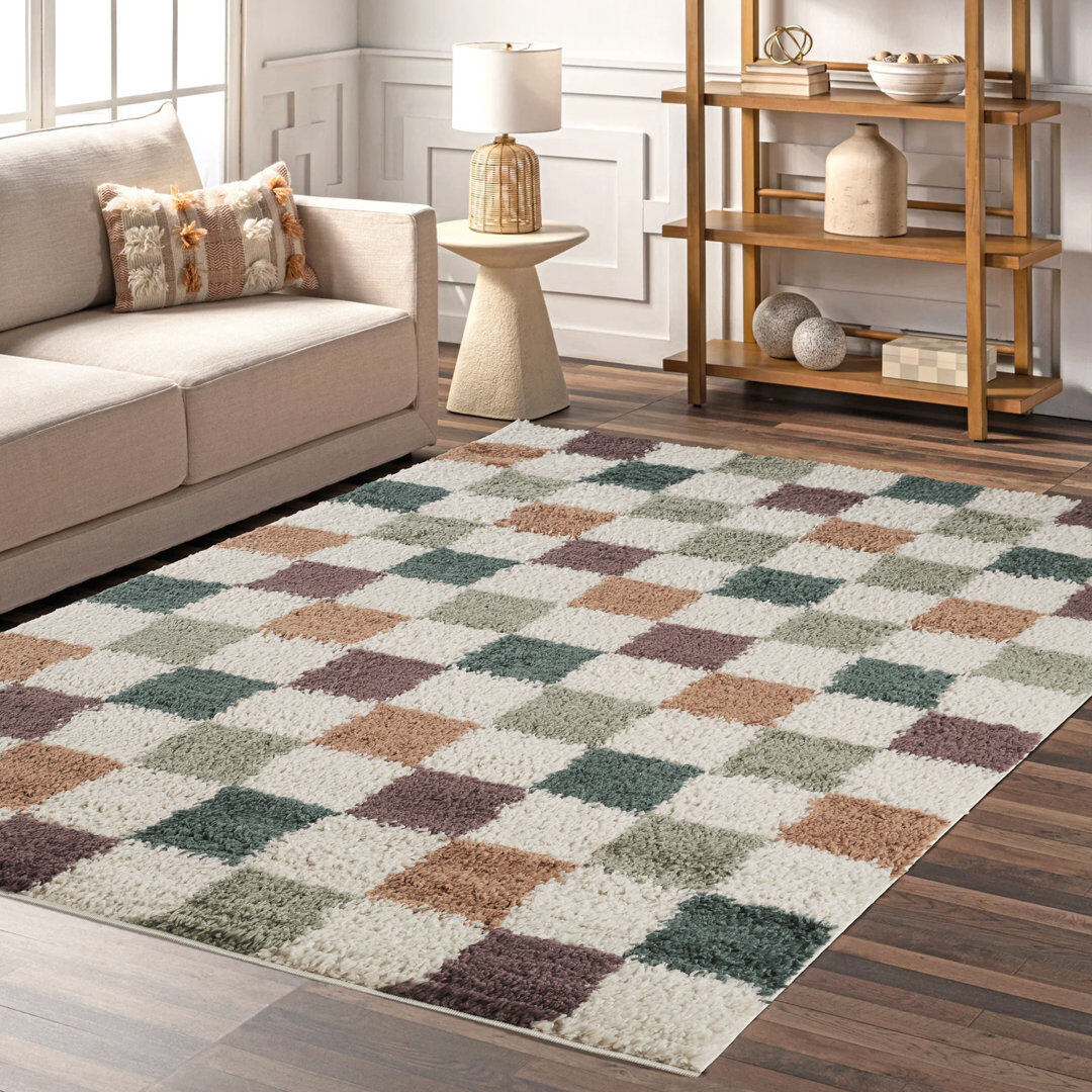 Ebern Designs Chester Living Room Shaggy Area Rug Modern - Contemporary Checkered Design 30Mm Plush Pile Jute Backing Soft Woven Carpet -Hallway Indoor Rug, Multi Multi-Checkered Rectangle 200 x 290 cm