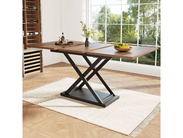 Table à Manger Escamotable - 8 Places - Design Croisé - Couleur Noyer