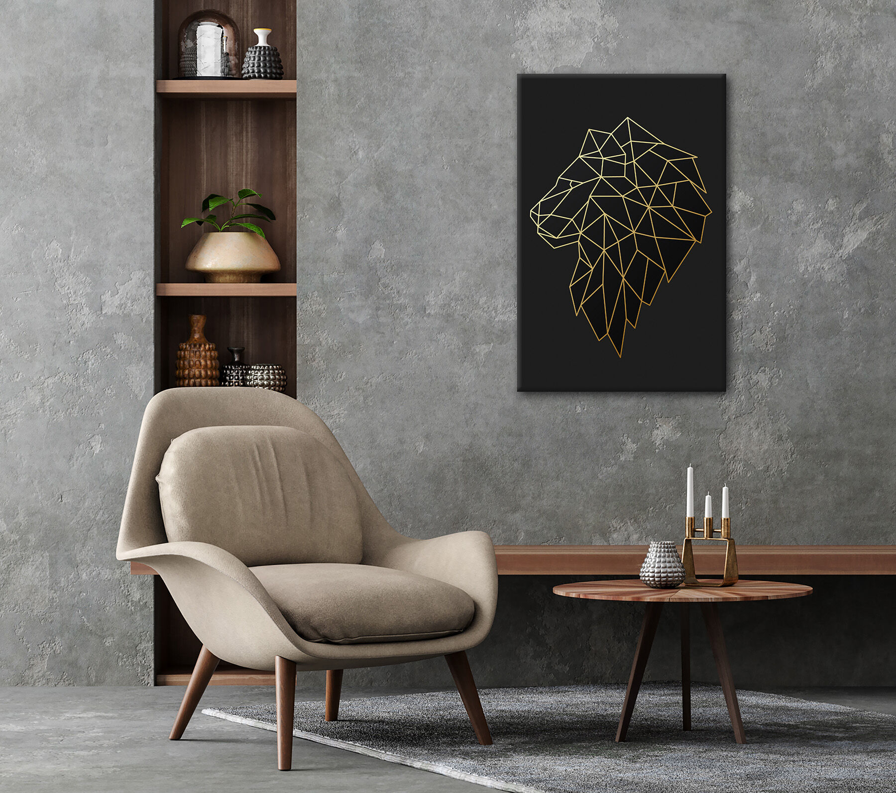 Leinwandbild BÖNNINGHOFF "Wandbild LÖWE POLYGON 60x90 cm – Leinwandbild Keilrahmen Deko modern", schwarz (farbe rahmen: kein rahmen, farbe bild(er): schwarz, gold), B:60cm H:90cm T:1,8cm, Canvas, MDF, Bilder, Leinwandbild, auf Keilrahmen gespannt farbe ra