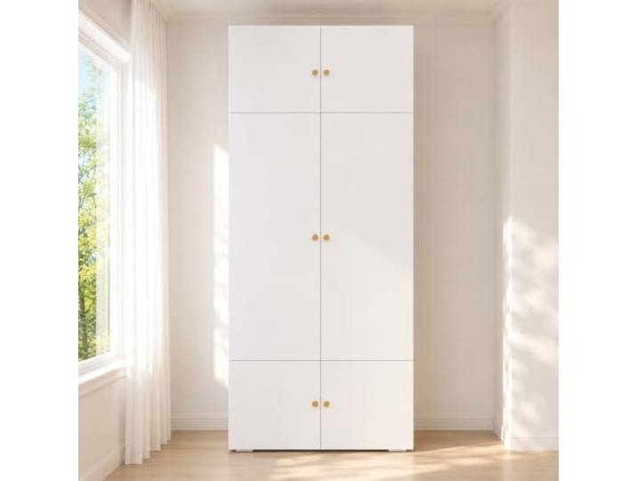 Merax Moderner Drehtürenschrank, hoher Kleiderschrank mit 6 Türen, 1 Kleiderstange und 5 Staufächern, durchdachte Aufteilung für Schlafzimmer und Kinderzimmer, 90x50x202 cm, Weiß