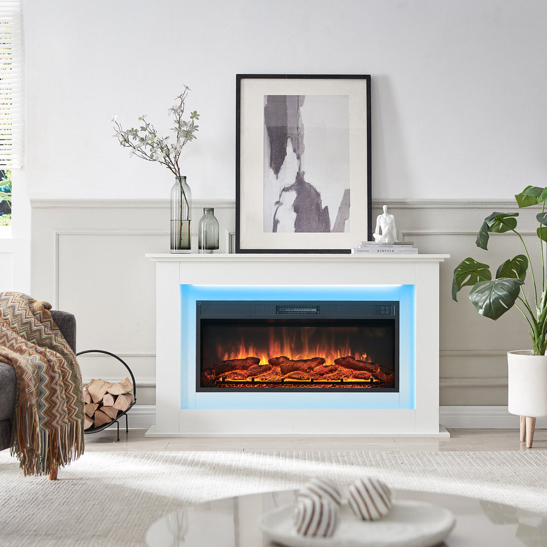 FLAMEKO Electric Fire and Surround, Freestanding Suite, Savannah White 78.5cm H x 128cm W x 25cm D