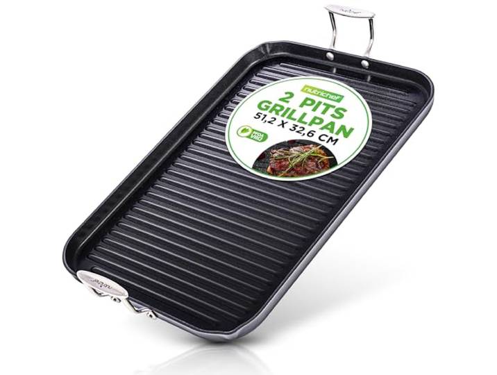 NutriChef Grillpan voor op het Fornuis – Ribbelpan- Dubbele Branders- Hard Geanodiseerd -Antiaanbak Grill- en Grillplaat