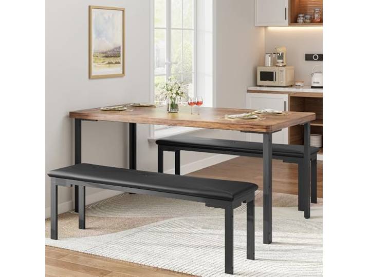 LuxFocus 3er Esstisch Set mit 2 Bänken klassisch Platzsparende Essgruppe mit gepolsterten Sitzbänken für Frühstücksecke, Küche und kleine Wohnbereiche