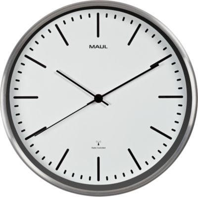 Funk Wanduhr Maul MAULfly, rund, für Innenräume ∅ 300 mm, Auto-Zeitumstellung, Kunststoff & Glas mit Batterie, weiß