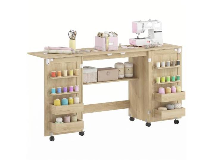 HOMCOM Table de Couture Pliante à roulettes 2 Portes Magnétiques Chêne Meuble Couture\, 4 Bacs\, 20 Crochets\, Étagère de Rangement\, Meuble Machine à Coudre pour Salon Bureau Studio