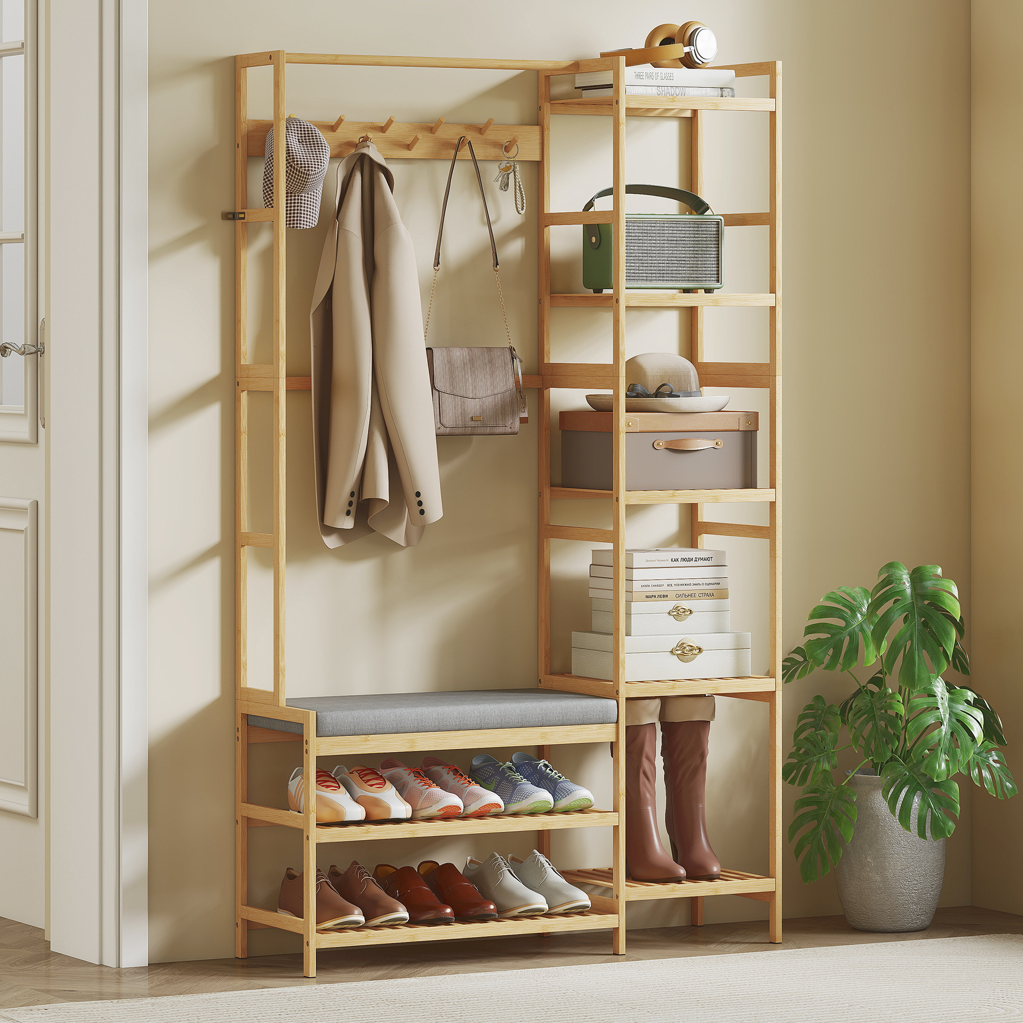 Homcom Appendiabiti con scarpiera, ganci per vestiti, attaccapanni, panca con cuscino, per corridoio, ingresso, legno naturale   Aosom Italy