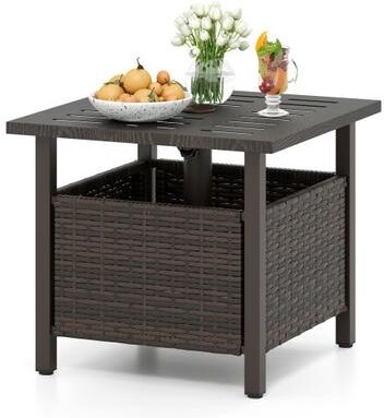 Costway Outdoor Side Table All-Weather PE Wicker Patio Table with Umbrella Hole-Brown