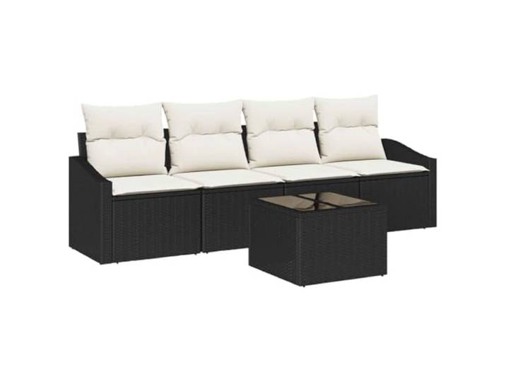 ZQQLVOO Sofa Set 5 STK. Schwarz und Creme Poly Rattan Poly Rattan Geflecht, pulverbeschichteter Stahlrahmen, wasserabweisende Tasche, hohenverstellbare Tischplatte, modulare Teile