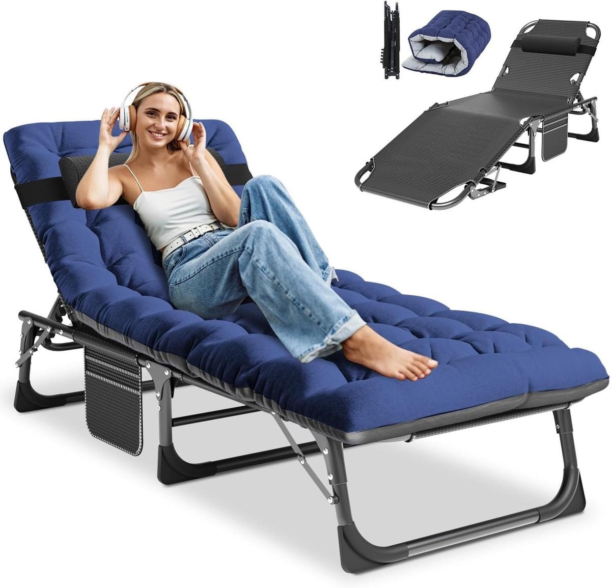Opvouwbare ligstoel en campingbed met verstelbare rugleuning, zwart blauw