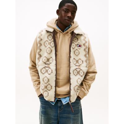 Fleeceweste TOMMY JEANS "TJM TEDDY AOP", Herren, Gr. XXL, beige (schwarz walnut aop), Web, Obermaterial: 100% Polyester, normal, Westen Fleeceweste, Stehkragen, normale Passform