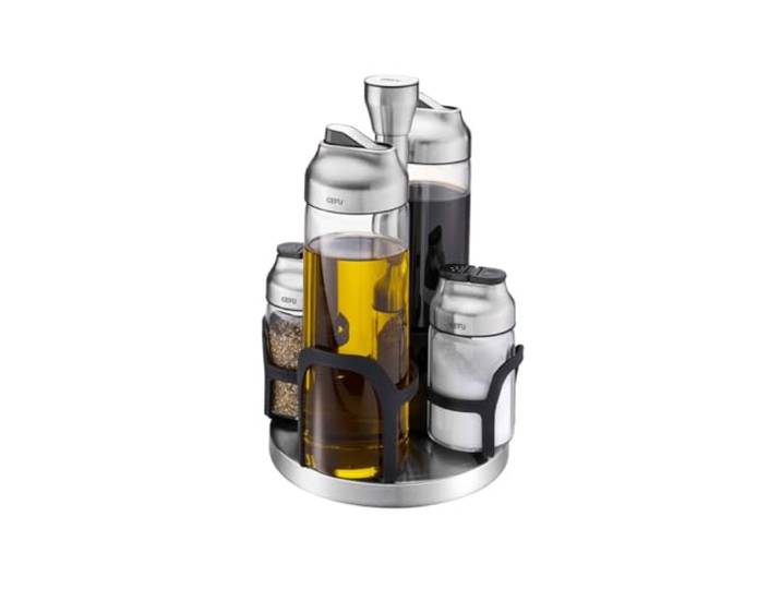 GEFU KIPPO Menage 5tlg - Essig-Öl-Set & Gewürzstreuer aus Glas & Edelstahl Drehkarussell mit 2 Dosierern und 2 Streuern, Borosilikatglas, Tropfschutz-Wippdeckel und luftdichtem Aromaschutz