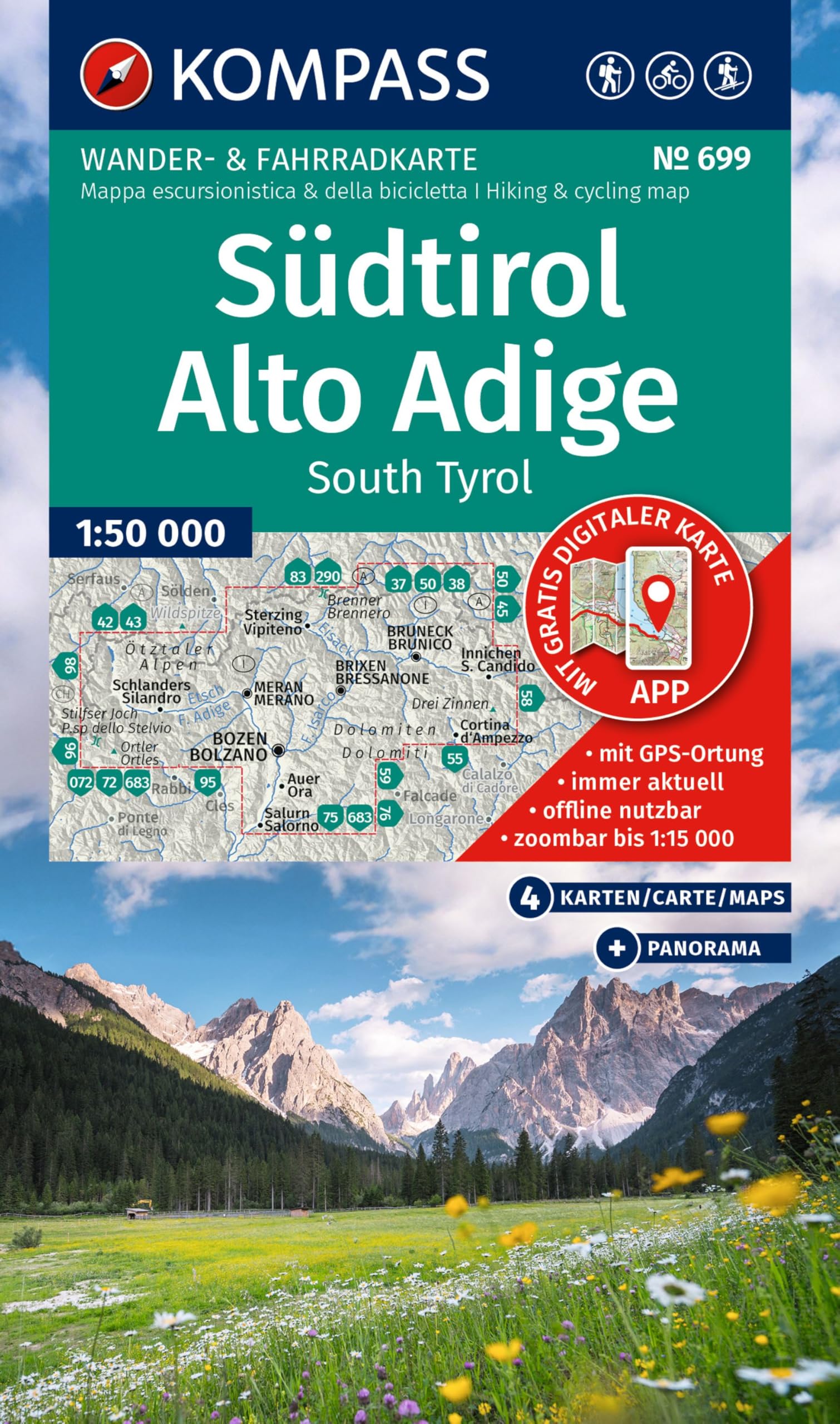 KOMPASS Wanderkarten-Set 699 Südtirol / Alto Adige / South Tyrol (4 Karten) 1:50.000: Wander- und Fahrradkarte in einem - inklusive Offline-Verwendung ... Radwege. Panorama. Skitouren. Langlaufen. - Preis vom 18.10.2026 15:28:09 h