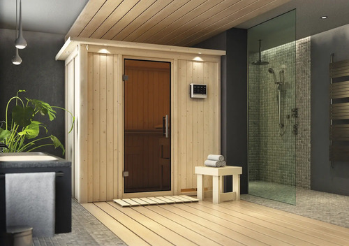 Elementsauna Karibu Mariado inkl. 9 kW -Ofen und externe Steuerung ohne Dachkranz mit graphitfarbeneer Ganzglastüre
