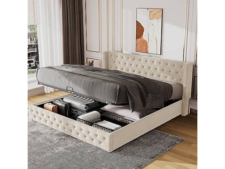 Merax Polsterbett 180x200cm mit Lattenrost und Kopfteil, Hydraulisches Funktionsbett mit Stauraum, Doppelbett für Erwachsene & Jugend, Flanell, Beige (Ohne Matratze)