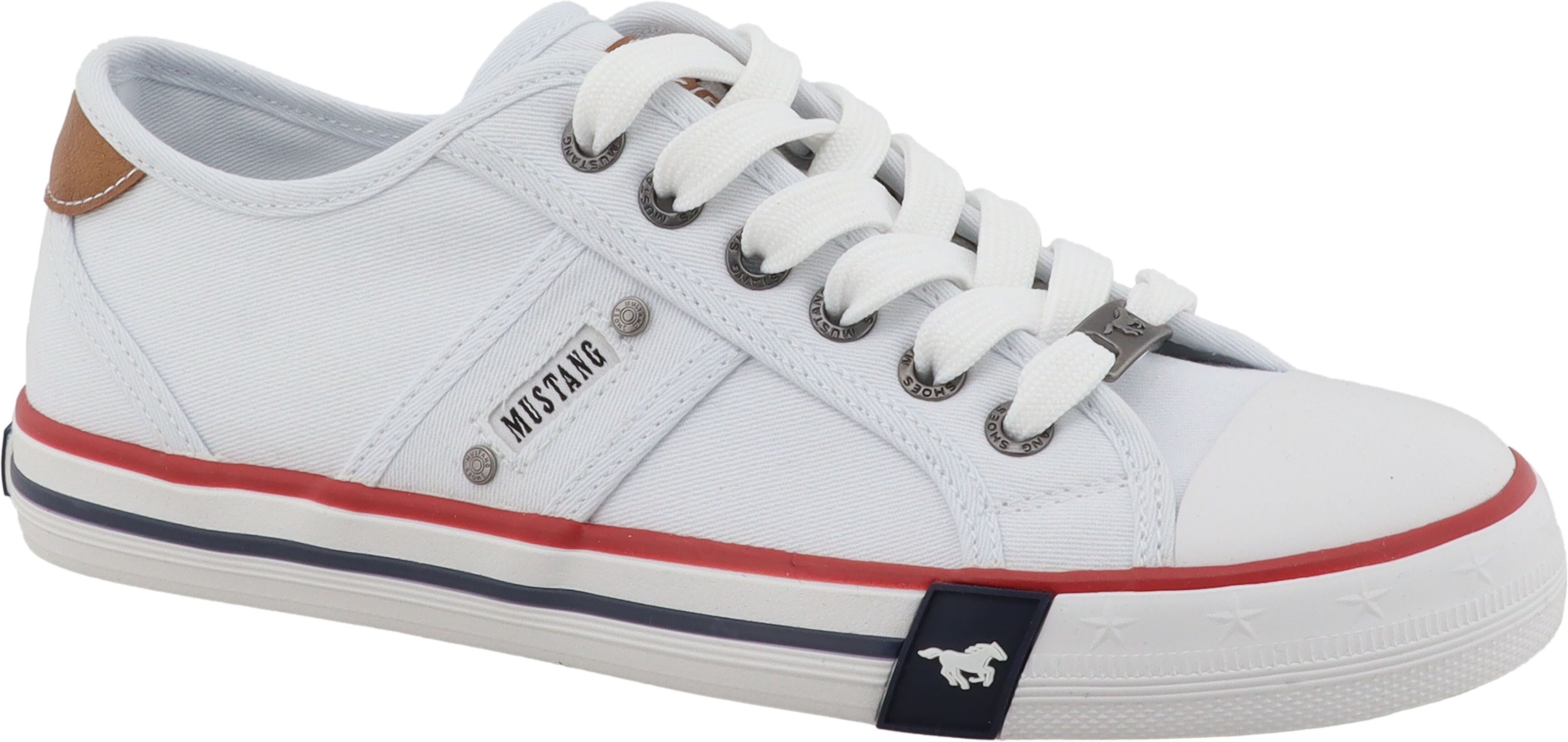 Sneaker MUSTANG SHOES "Winona", Damen, Gr. 38, Baumwolle, weiss (weiß), Schuhe Sneaker, Freizeitschuh, Halbschuh, Schnürschuh mit seitlichem Logoschriftzug weiß 38, Baumwolle
