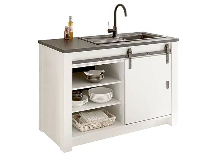 Küchenschrank Küchenunterschrank in weiß Pinie und schwarz/anthrazit Küche Unterschrank für Spüle oder Kochfeld mit Arbeitsplatte ohne Ausschnitte im Industrial Design 133 x 93 cm Stove (Klein)